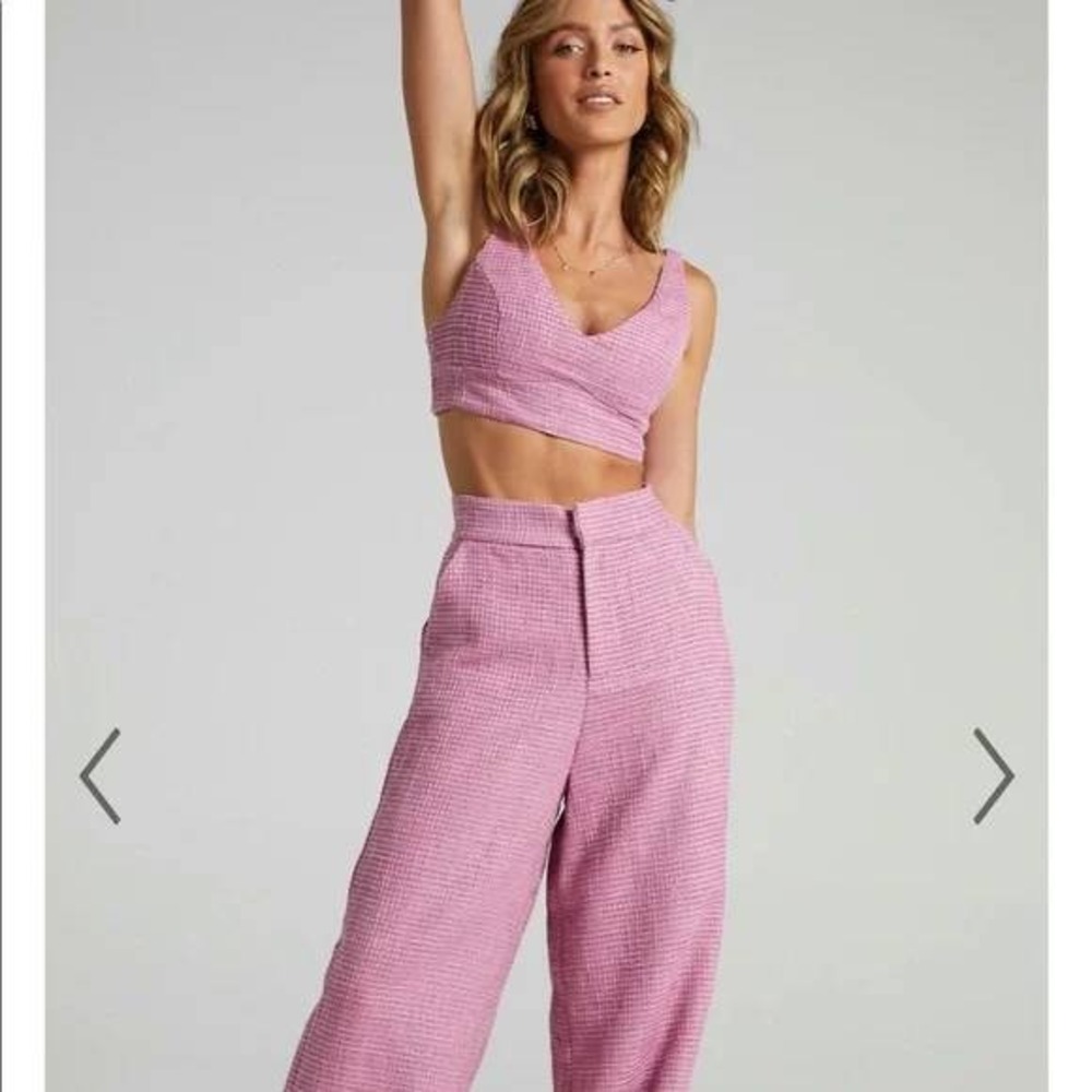 NWT Showpo. Adelaide Two Piece Set Crop Top Wide Leg Pants Set Pink Tweed Sz 2‎